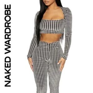 Naked Wardrobe🤍🖤 Black & White velvet Houndstooth crop top ~ XS